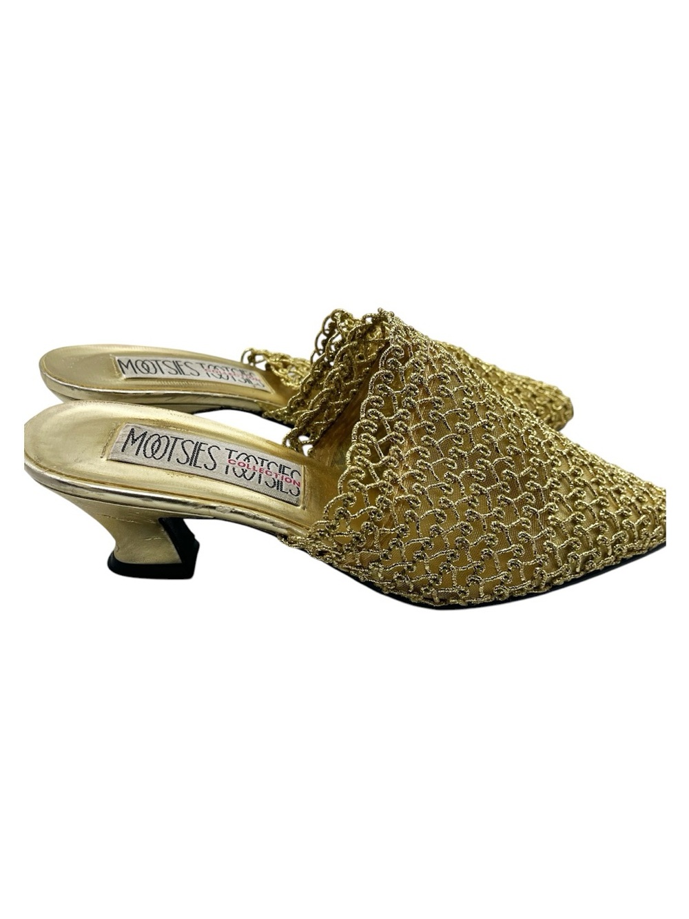 Vintage Mootsies Tootsies Gold Crochet Mules Slippers Size 7.5 M